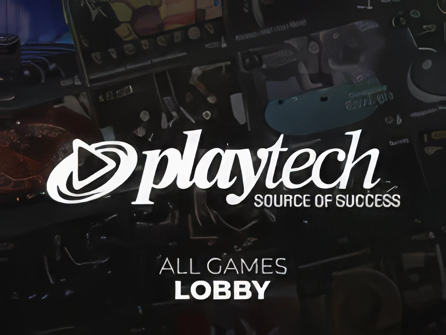 Logo dostawcy gier Playtech na tle katalogu jego gier